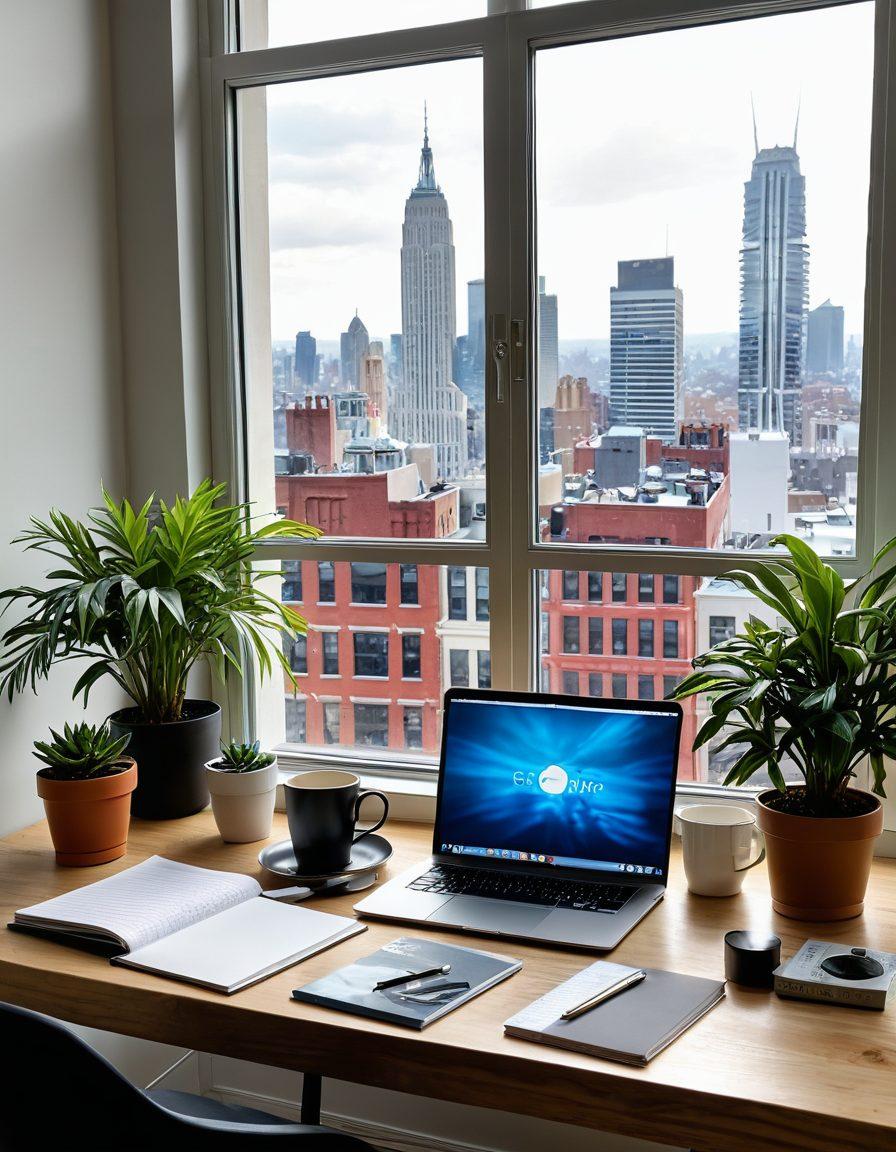 A dynamic, modern workspace featuring a laptop displaying a vibrant blog layout. Surrounding the workspace are inspiring lifestyle elements like notebooks, coffee cups, and colorful plants. The backdrop showcases a window with a scenic view of a sunny city skyline, symbolizing aspirations. The ambiance is lively and motivating, illuminated by soft natural light. super-realistic. vibrant colors. cozy atmosphere.