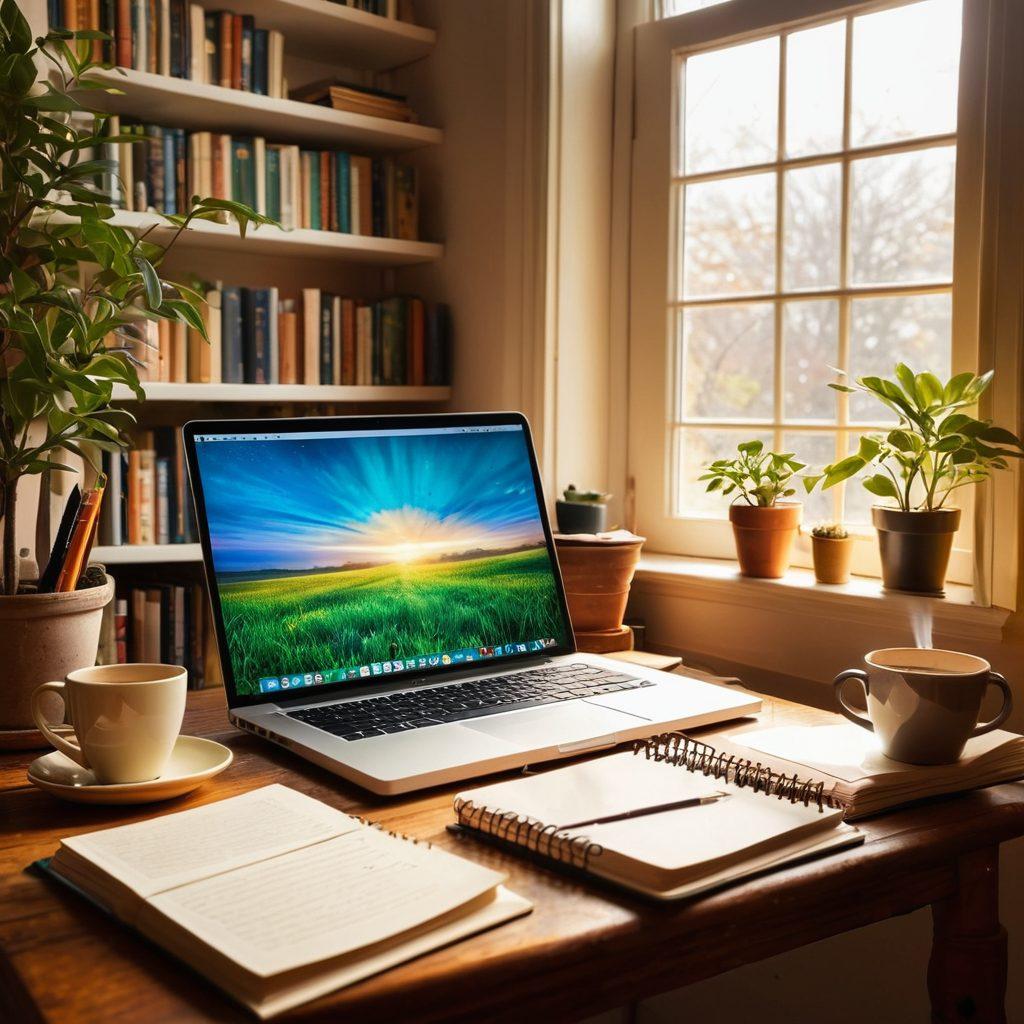 A cozy writing nook with an open laptop, surrounded by notebooks and colorful pens, illuminated by warm sunlight through a window. A steaming cup of coffee sits beside the laptop, while a stack of inspiring books and a small plant add a touch of creativity. The background shows a softly blurred bookshelf filled with more books, representing knowledge and inspiration for aspiring writers. vibrant colors. soft focus.