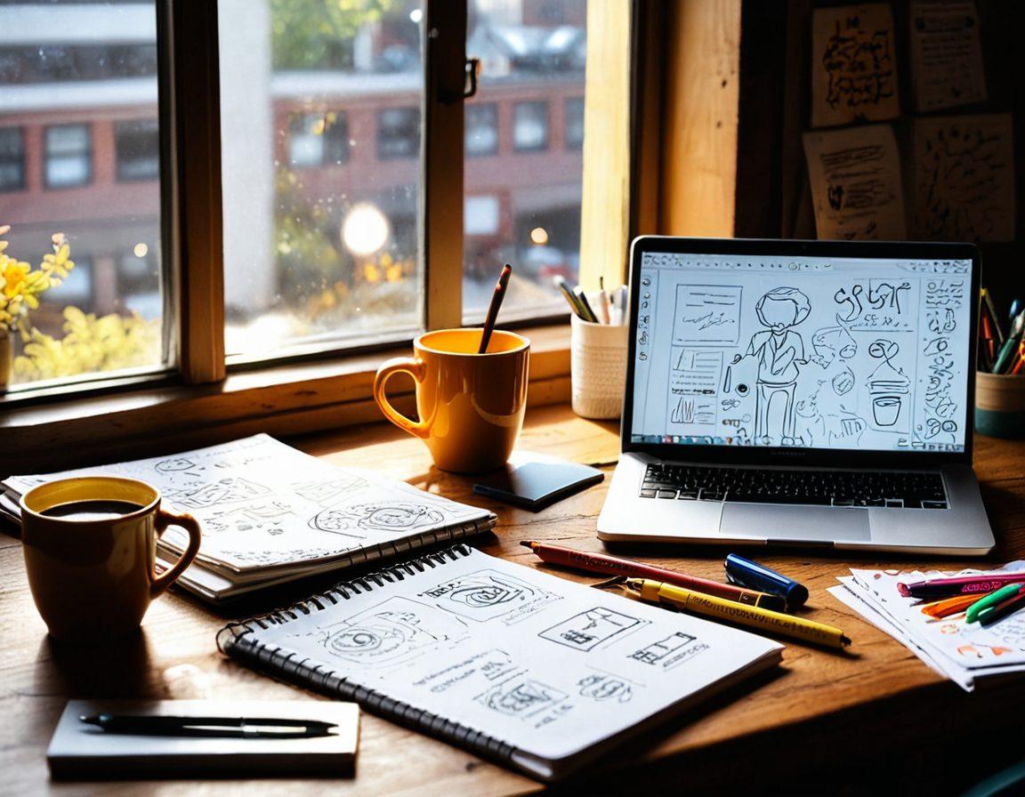 A creative workspace with a notepad filled with sketches and notes, surrounded by colorful markers, a laptop displaying a vibrant infographic, and a cup of coffee steaming beside it. Sunlight filtering through a window casts a warm glow on the scene, emphasizing the process of transforming ideas into informative content. super-realistic. vibrant colors. warm tones.